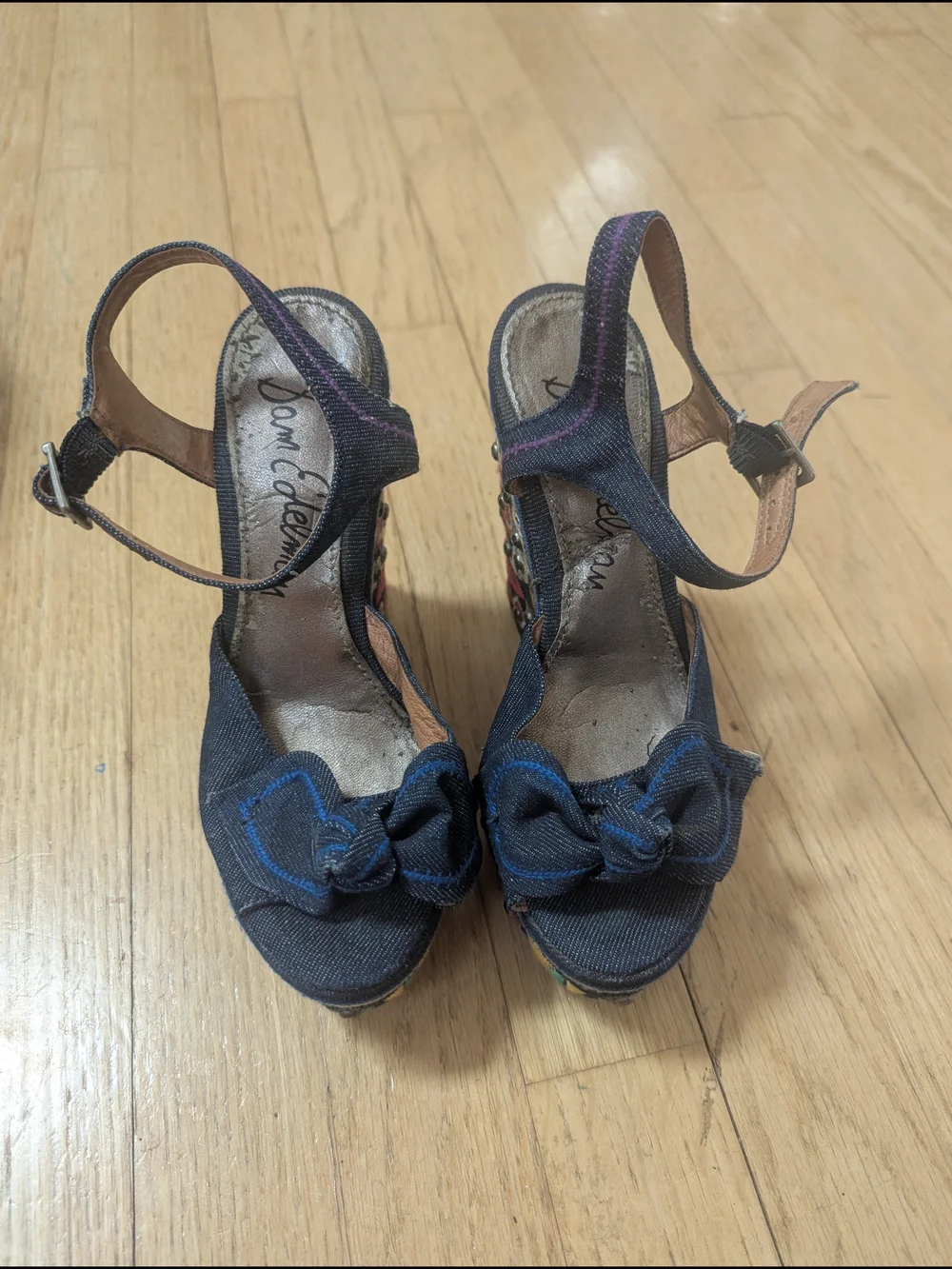 Sam Edelman Rylee Dark Blue Embroidered Denim Platform Sandals 4.5 5
